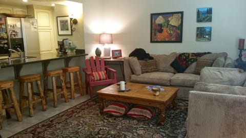 Cozy living area with a gas fireplace and great meadow and mountain views.