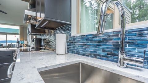 Top quality kitchen with large sink and quartz counters, under cabinet lighting
