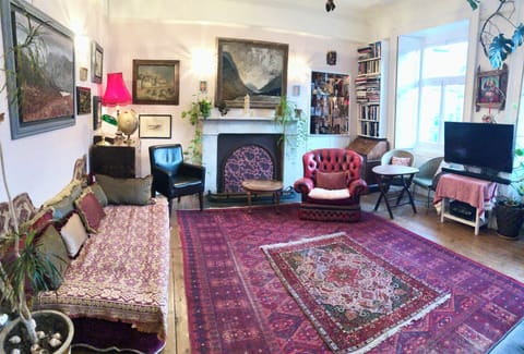 Living room with 2 bureaus to work, SMART TV, Netflix, DVDs & books library.