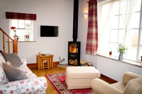 Open plan living area with log burner