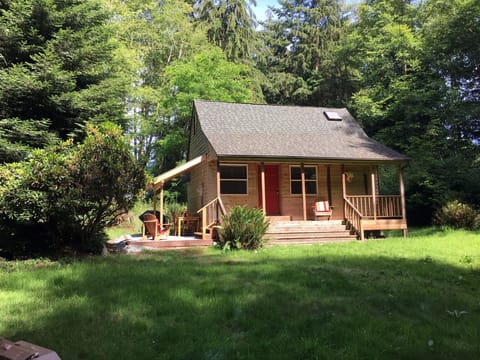 Cabin with side patio; photo taken from fire pit area in front yard