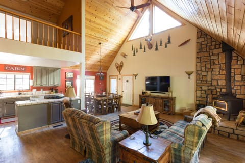 Great room with open kitchen and dining room