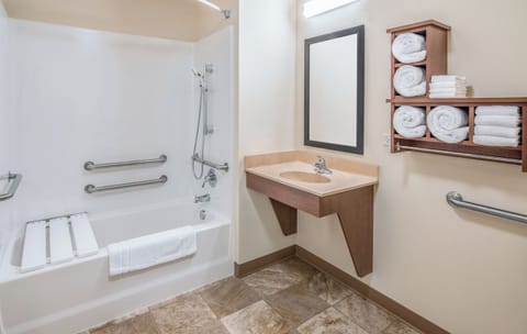 Combined shower/tub, free toiletries, hair dryer, towels