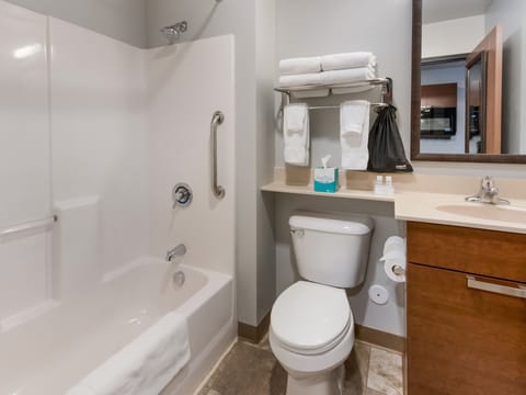 Combined shower/tub, free toiletries, hair dryer, towels