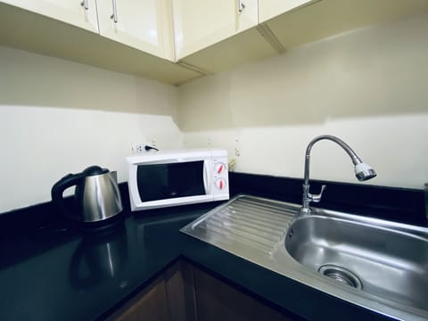 Microwave, electric kettle, freezer, paper towels