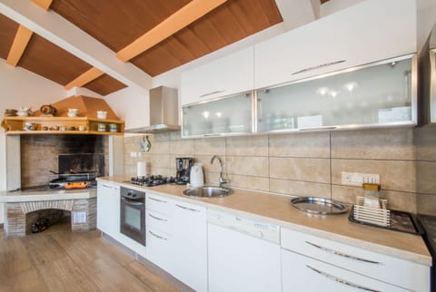Fully equipped kitchen and a traditional Istrian fireplace