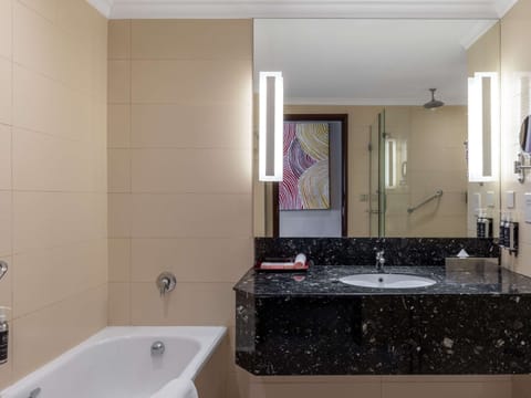 Combined shower/tub, eco-friendly toiletries, hair dryer, bathrobes