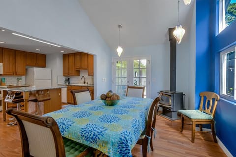 The dining room is lit with Italian hand-blown lights.