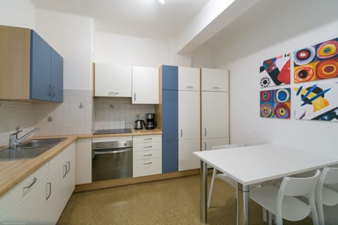 Deluxe Apartment, City View | Private kitchen | Full-size fridge, microwave, oven, stovetop