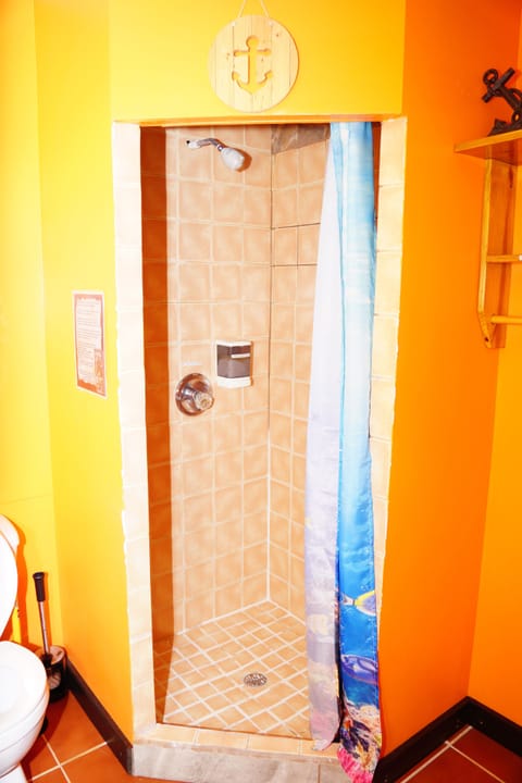 Shower, rainfall showerhead, free toiletries, towels