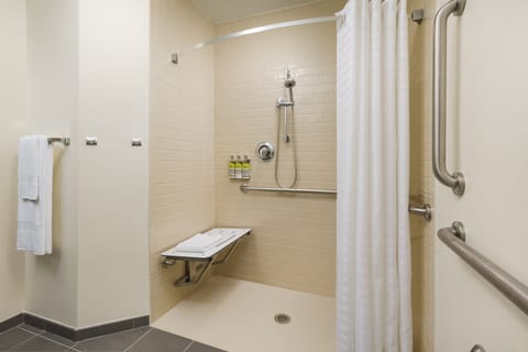Room, 1 Queen Bed, Accessible, Non Smoking (Roll-In Shower) | Bathroom | Hair dryer, towels, soap, shampoo