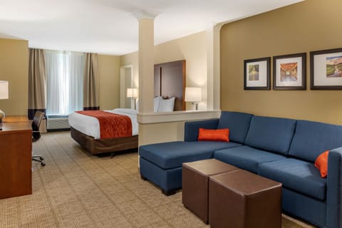 Suite, 1 King Bed, Non Smoking | Desk, laptop workspace, blackout drapes, soundproofing