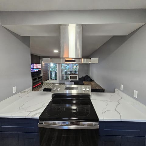 Full-size fridge, microwave, dishwasher, coffee/tea maker