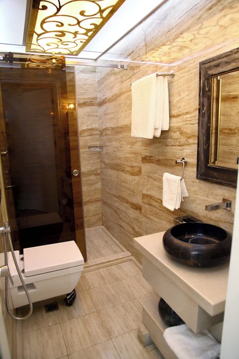 Deluxe Double Room, City View | Bathroom | Shower, rainfall showerhead, hair dryer, bathrobes