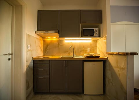 Basic Studio, Balcony | Private kitchen | Fridge, cookware/dishes/utensils, freezer