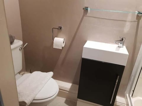 Combined shower/tub, free toiletries, hair dryer, towels