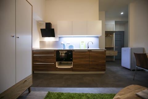 Design Apartment, 1 King Bed, Patio (3B) | Private kitchen | Fridge, microwave, stovetop, dishwasher