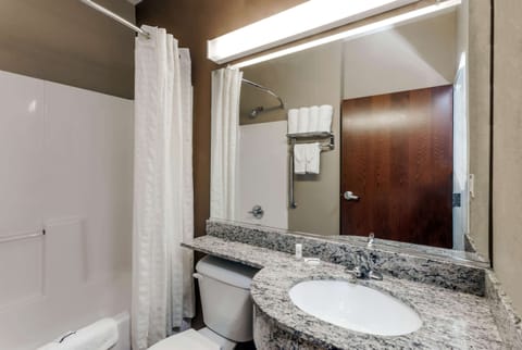 Combined shower/tub, deep soaking tub, free toiletries, hair dryer