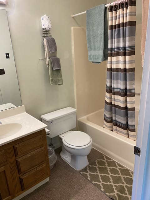 Combined shower/tub, towels