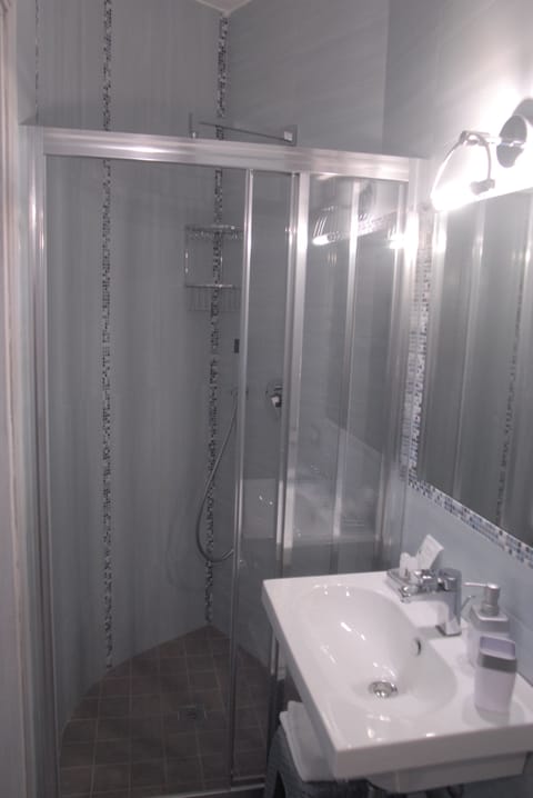 Shower, rainfall showerhead, designer toiletries, hair dryer