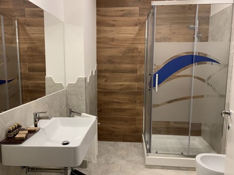 Shower, rainfall showerhead, free toiletries, hair dryer