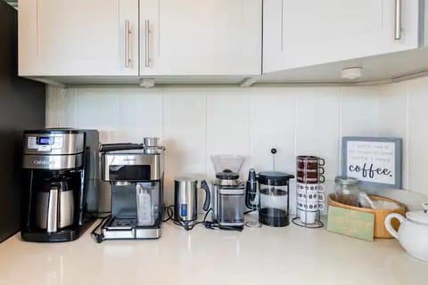 Pot coffee maker, espresso maker, French press, coffee grinder, milk steamer.