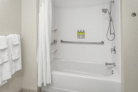Hydromassage showerhead, free toiletries, hair dryer, towels