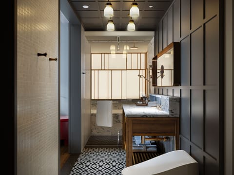 Elite Suite, 1 Queen Bed, Beachside | Bathroom | Combined shower/tub, deep soaking tub, rainfall showerhead