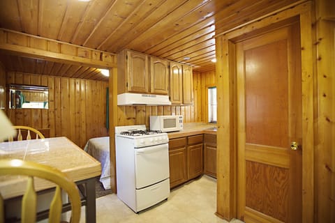 Cabin, River View | Private kitchen | Fridge, microwave, oven, stovetop