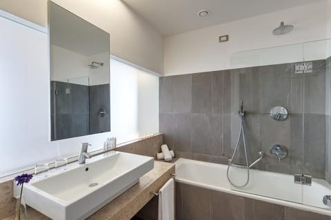 Combined shower/tub, free toiletries, hair dryer, bidet