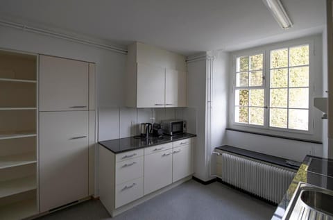 From the kitchen you see the retaining wall of the castle.