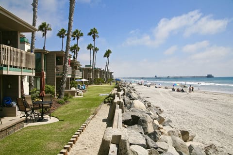 View from the oceanfront row. Beach access on both sides of the complex