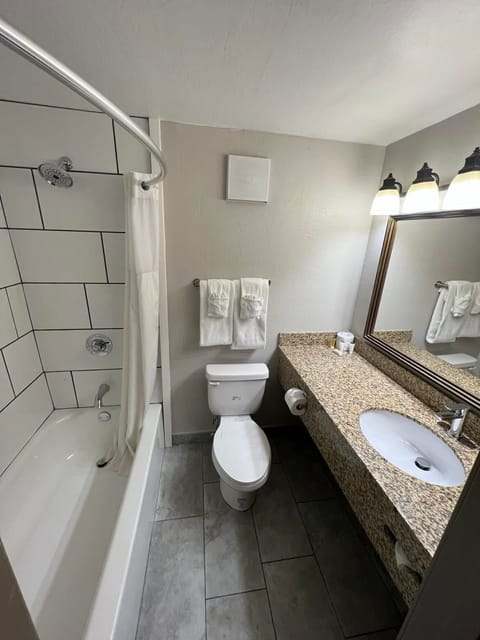 Combined shower/tub, free toiletries, hair dryer, towels