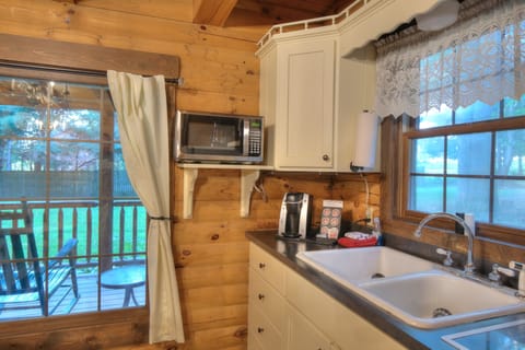 Apple Blossom Cabin | Private kitchen | Full-size fridge, microwave, stovetop, coffee/tea maker