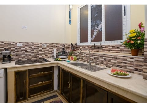 Deluxe Apartment | Private kitchen | Fridge, microwave, stovetop, cookware/dishes/utensils
