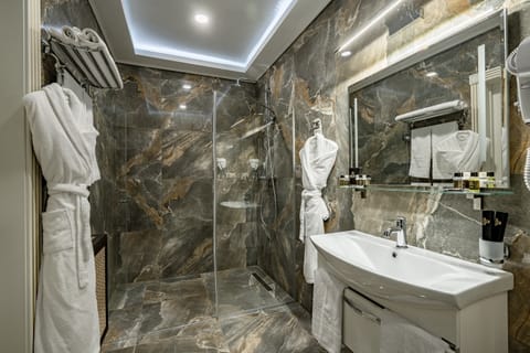 Suite | Bathroom | Shower, free toiletries, hair dryer, bathrobes