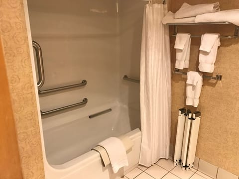 Combined shower/tub, free toiletries, hair dryer, towels