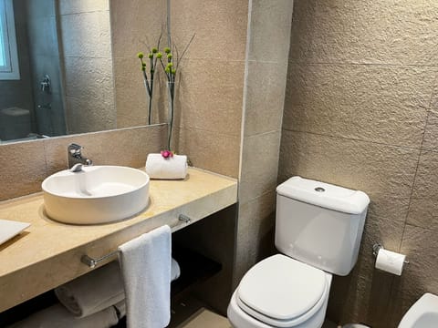 Combined shower/tub, free toiletries, hair dryer, bidet