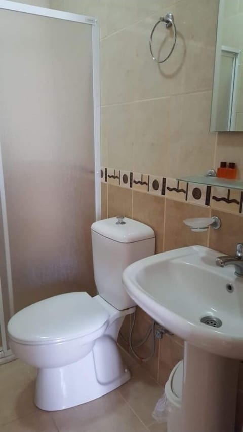 Shower, hydromassage showerhead, free toiletries, hair dryer