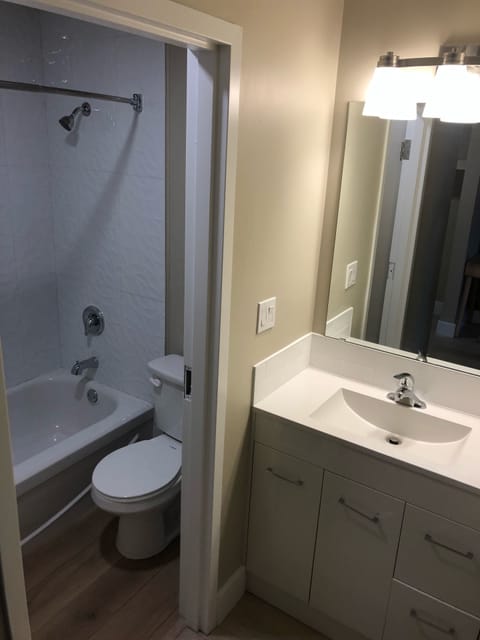 Combined shower/tub, free toiletries, hair dryer, towels