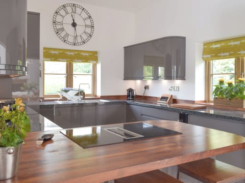 Fully fitted kitchen with Silverline Induction Hob, Neff Hide and Slide Oven, Integrated combi Microwave/oven/steamer, Dishwasher, Wine Cooler and American Fridge Freezer with Ice and Water dispenser | Manor Lodge Stables, Wiston, near Haverfordwest