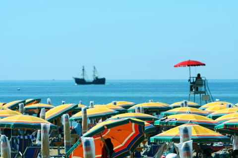 Beach nearby, sun loungers, beach umbrellas