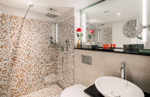 Shower, rainfall showerhead, free toiletries, hair dryer