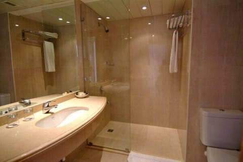 Separate tub and shower, free toiletries, hair dryer