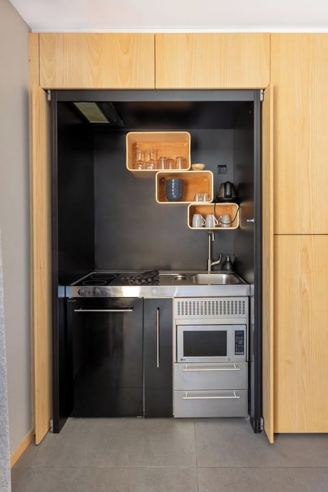 Fridge, microwave, stovetop, espresso maker