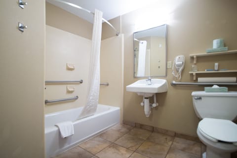 Combined shower/tub, free toiletries, hair dryer, towels