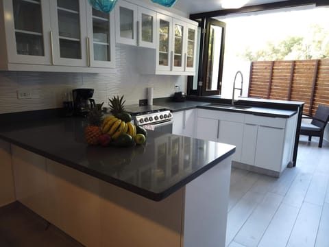 Newly remodeled kitchen opens to private back patio
