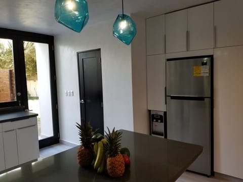 Kitchen opens to back patio and door to half bath