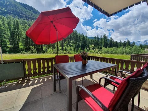 Large terrace with views of the mountains and the forest. Equipped with table, chairs, sun loungers and parasols.
