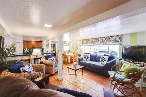 the blue sofa opens to a double-sized sofa-bed